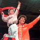 Summitt and son Tyler cut down the net after winning the championship in 1996. (Pat Sullivan/AP Images)